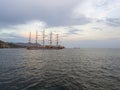 A large sailing ship on the Mediterranean Sea at sunset Royalty Free Stock Photo