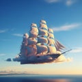 A large sailing ship with multiple white sails is floating in the sky, surrounded by Royalty Free Stock Photo