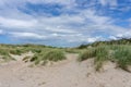 Large sand dunes with marsh grass and reeds under a blue sky with white cumulus clouds