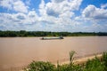 Large sand mining boat driving on the river outdoors