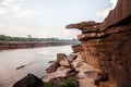 Large Sand stone canyon cliff shoreline of Mekong river on cloudy day at Ban Pha Chan, Ubon Ratchathani - Thailand