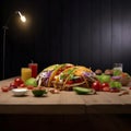 Large sandwich with herbs and vegetables on the table in close-up