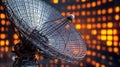 Large satellite dish with glowing orange data grid background Royalty Free Stock Photo