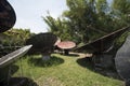 Large satellite dishes abandoned in a garden in the Philippines