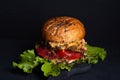 Large, satisfying burger on black background, sauce flows from neg, bun sprinkled with sesame seeds and poppy seeds, fresh and