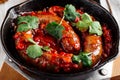 Large sausage in tomato sauce in cast iron pan