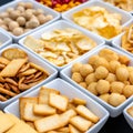 Large savoury snack food selection in porcelain bowls