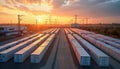 Large-scale battery storage facility at sunset. Rows of white containers neatly arranged on paved ground. Power lines, building Royalty Free Stock Photo