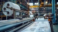 Large-scale newspaper printing press with rolls of paper and machinery in an industrial setting. Royalty Free Stock Photo