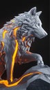 A wolf sculpted from a harmonious combination of cold, unbending stone and bright, flowing molten lava