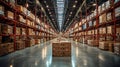 large scale warehouse filled with neatly stacked boxes and pallets, showcasing efficient order processing system. organized layout