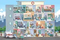 Large scene picture, hospital and busy doctors, nurses, and patients, etc.
