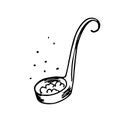 A large scoop spoon with witchcraft potion. Magic elixir or soup is brewed. Hand drawn halloween sketch black outline engraving