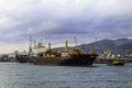 A large sea cargo ship container ship leaves the port. Royalty Free Stock Photo