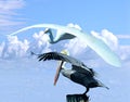 A pelican and great egret compete for a spot on the marina piling