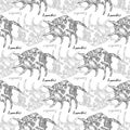 Large Sea Snails. Seamless pattern of Lambis and calligraphy. Hand-drawn collection of seashells. Vector illustration.