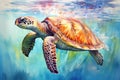 Large sea turtle swims under sea surface in transparent water close up. Side view. Horizontal format.