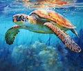 Large sea turtle under sea surface close up. Horizontal format.
