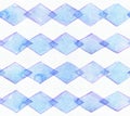 Large seamless raster texture with blue rhombus in horizontal rows on white watercolor paper. Creative grainy illustration hand dr