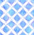 Large seamless raster texture with blue rhombus in overlapped shapes on white watercolor paper. Creative grainy illustration hand