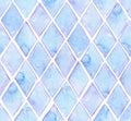 Large seamless raster texture with blue rhombus in solid design on white watercolor paper. Creative grainy illustration hand drawn