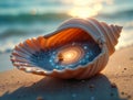 Surreal Seashell with Miniature Ship and Cosmic Ocean Royalty Free Stock Photo