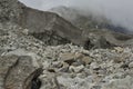 Large section from Khumbu glacier with layers made by ice, rocks, mud, small vegetation. Nepal.