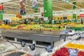 A large section of various vegetables and fruits in the supermarket. Healthy eating and vegetarianism. Moscow, Russia, 09/15/2020