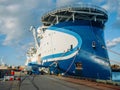 Large Seismic Survey Vessel Ship In Port At Pier, Exploration Sea For Oil Mining Offshore Transport