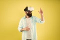 Large selection of compatible apps. Vr concept. Buy vr device. Eye tracking. Testing software. Bearded man yellow Royalty Free Stock Photo