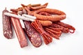 Large selection of dried spicy seasoned sausages