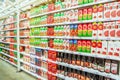 A large selection of fruit juices in the supermarket.