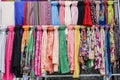 Large selection of silk in the sale on the street market Royalty Free Stock Photo