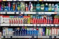 A large selection of toothpastes, brushes and oral care products on shelves in the store. Minsk, Belarus, 2022