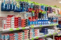 Large selection of toothpastes, brushes and oral care products on shelves in supermarket. Minsk, Belarus, 2022