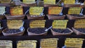 Large selection of various flavored tea leaves in jute baskets and no individual packaging