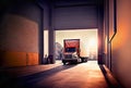 Large Semi Tractor-Trailer Delivery Truck at the Opening of a Commercial Building Garage - Generative AI
