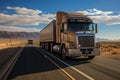 A large semi truck driving down a desert road during the day Royalty Free Stock Photo