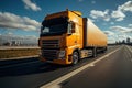 A large semi truck driving down a desert road during the day. European truck Royalty Free Stock Photo