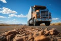 A large semi truck driving down a desert road. Low pint of view. Close up Royalty Free Stock Photo