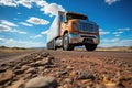 A large semi truck driving down a desert road. Low pint of view. Close up