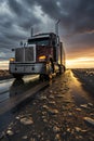 A large semi truck driving down a desert road at sunset