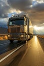 A large semi truck driving down a desert road at sunset. European truck Royalty Free Stock Photo