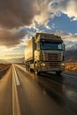 A large semi truck driving down a desert road at sunset. European truck