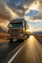 A large semi truck driving down a desert road at sunset. European truck Royalty Free Stock Photo