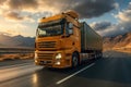 A large semi truck driving down a desert road at sunset. European truck Royalty Free Stock Photo