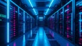 Large server room. Black and blue neon colors Royalty Free Stock Photo