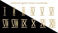 Large set of abstract, gold, Roman numerals. Luxurious vintage number font from 1 to 12 made of realistic metallic numbers isolate