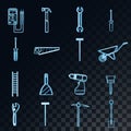 A large set of abstract neon glowing blue icons of construction, plumbing, garden, repair, tools: shovel, saw, hammer, brush, mop Royalty Free Stock Photo