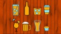 A large set of alcoholic beverages, cocktails, beer, vodka, wine, whiskey, coffee and tea on a wooden background. Vector Royalty Free Stock Photo